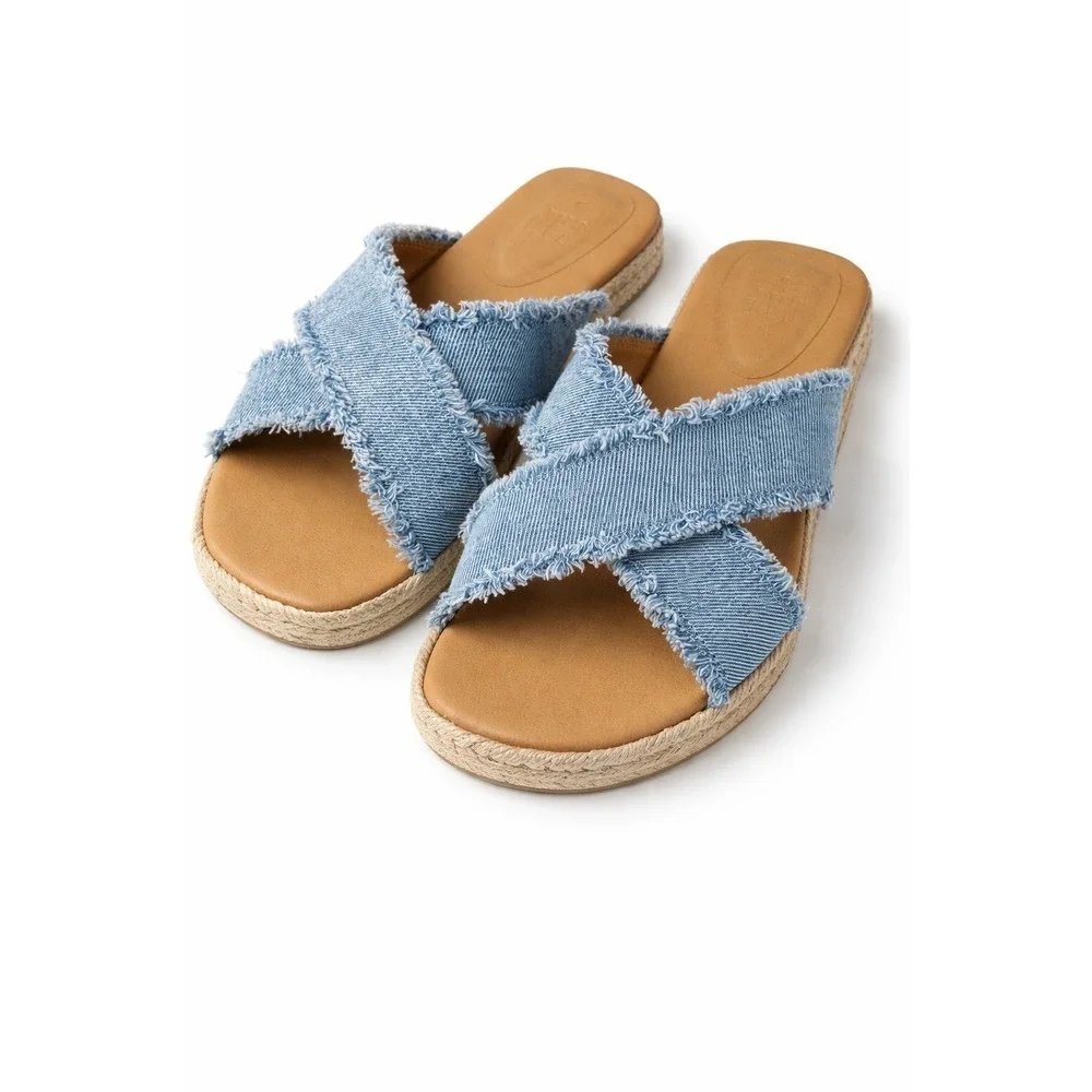 Gap Size‎ 8 Denim Espadrille Platform Slides Wind Blue Frayed Crisscross Sandals